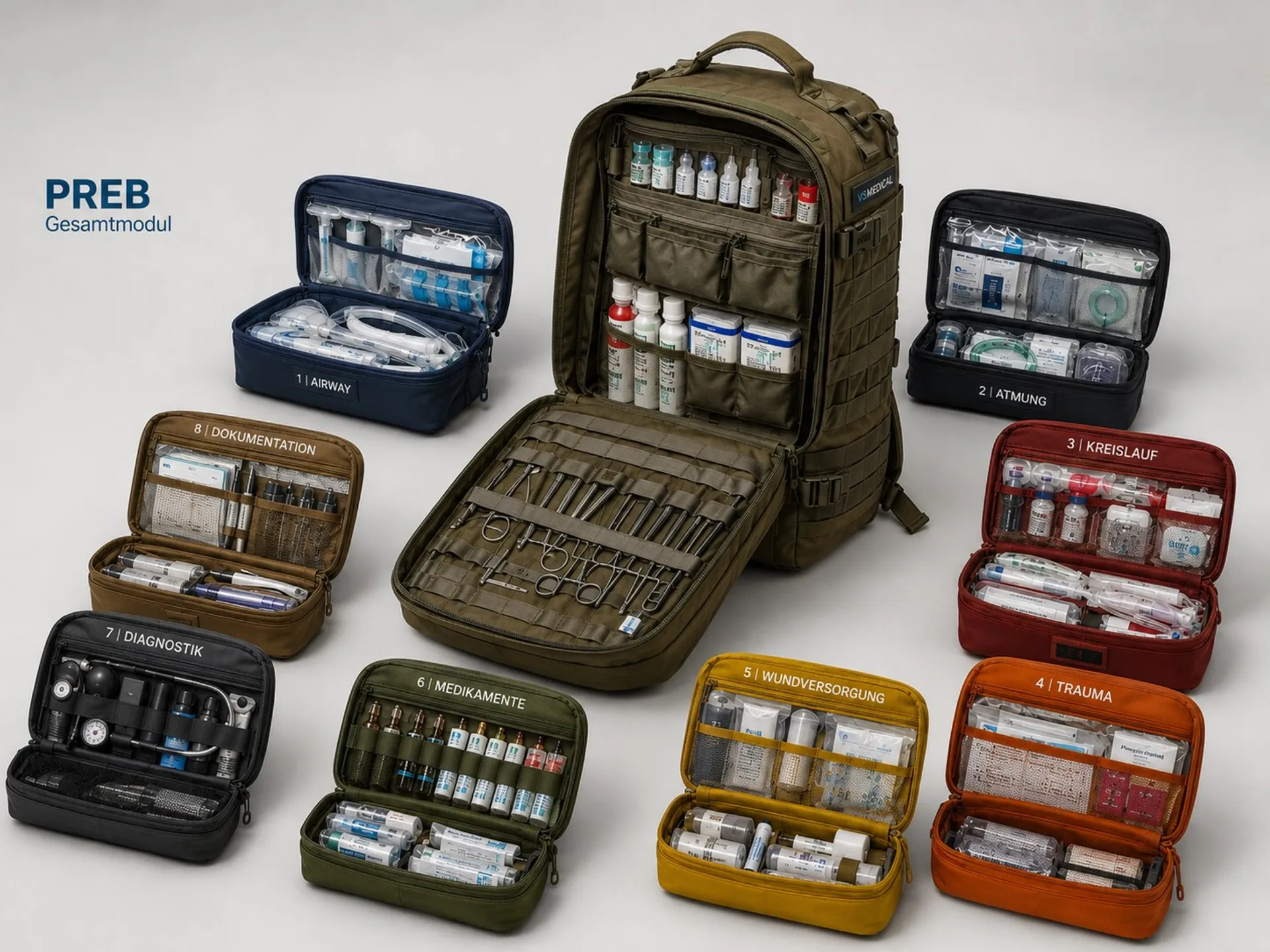 PREB-Notfallmodul: geöffneter Rucksack mit acht farbcodierten Funktionsbereichen
